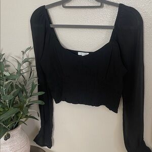 Black Long Sheer Sleeve Crop Top